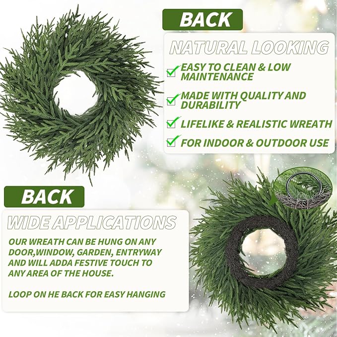 26 inch Norfolk Pine Wreath, Realistic Christmas Wreath for Front Door,Artificial Real Touch Green Wreath Greenery for Door Wall Windows Mantle Outdoor Christmas Decoration