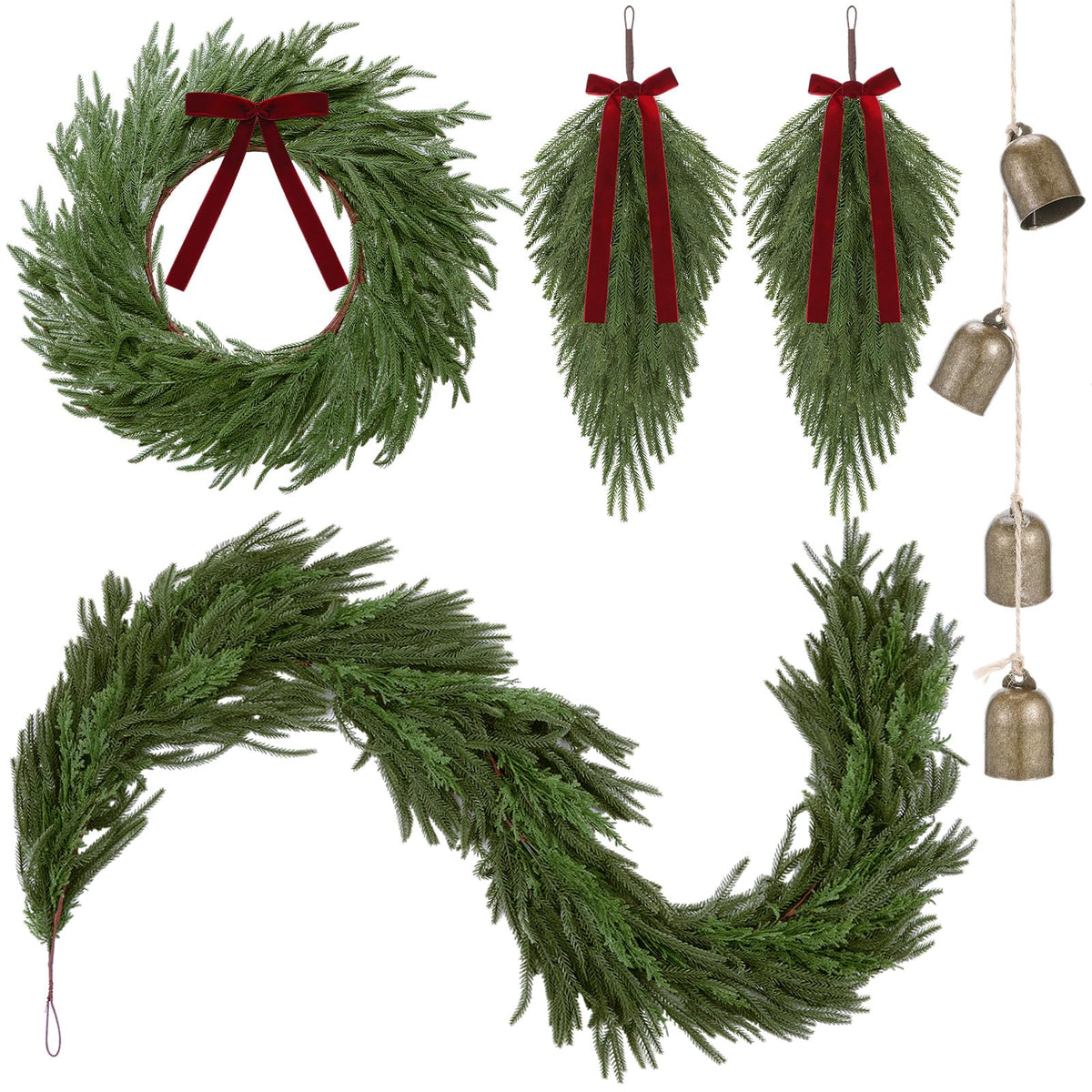 Syhood Christmas Norfolk Pine Garland with 24" Wreath 2 Real to Touch Teardrop Swags and Gold Metal Bells Set, Soft Realistic Artificial and Cedar Greenery for Indoor Outdoor Holiday Decor(Red,6ft)