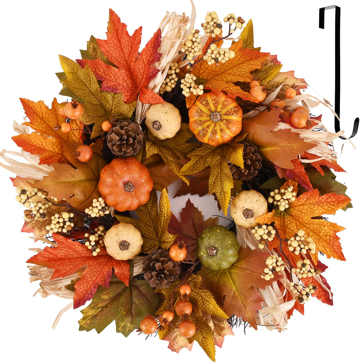 Fall Wreaths for Front Door, 20inchs Autumn Wreath with Hangers Pumpkin Maple Autumn Harvest Wreath Fall Decorations for Home Ideal Thanksgiving Decorations Wall Window Party Decor Indoor Outdoor