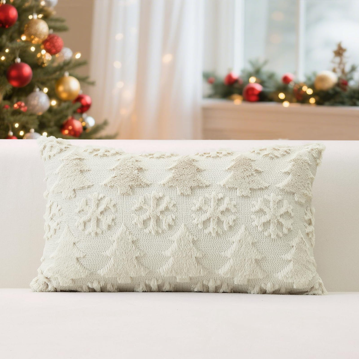 OTOSTAR Set of 2 Christmas Throw Pillow Covers 12x20 Inch, Soft Plush Faux Fur Christmas Tree Snowflake Winter Holiday Xmas Decorative Lumbar Cushion Cover Cases for Sofa Couch Bed Living Room, Beige