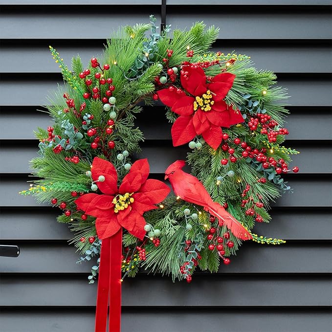 Pre-Lit Christmas Wreaths for Front Door 24 Inch Christmas Wreath with Lights,Large Winter Wreath with Cardinal Birds,Poinsettia,Green Evergreen Pine Needles Red Berries Holiday Wreath Decor