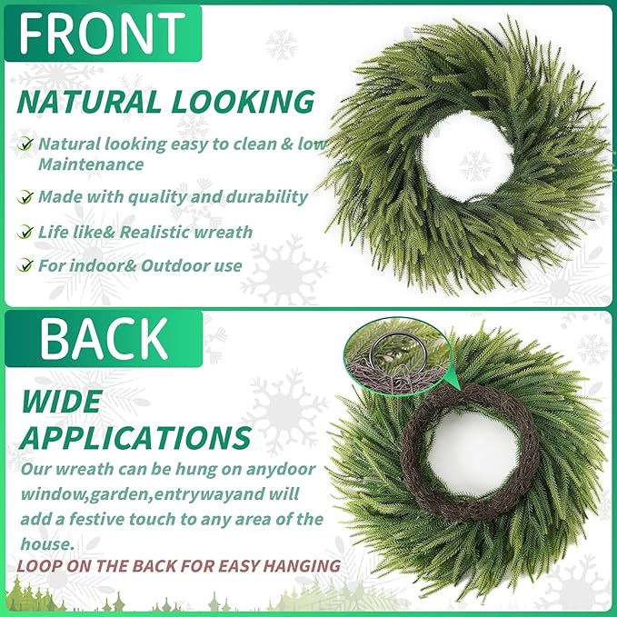 24 inch Norfolk Pine Wreath, Realistic Christmas Wreath for Front Door,Artificial Real Touch Green Wreath Greenery for Door Wall Windows Mantle Outdoor Christmas Decoration