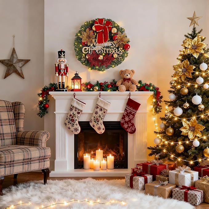 FR Artificial Pre-Lit Fir Christmas Wreath Holiday Accent Decoration, Wintry Pine, Decorated with Pine Cones Berry Clusters, with LED Lights Battery Operated for Door, Mantel - 20 Inch
