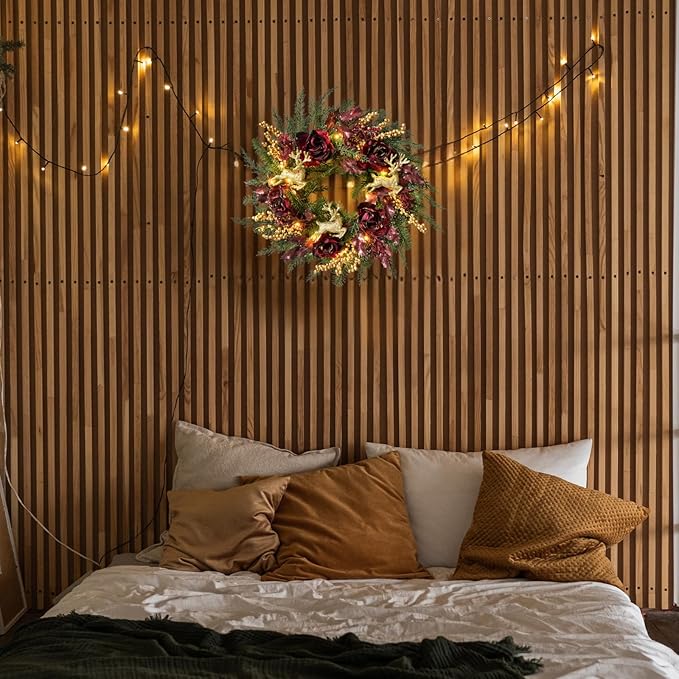 22 Inch Pre-Lit Artificial Christmas Wreath Rose Wreath with Glitter Christmas Deer Reindeers Figurine Decor Berries and Timer for Front Door Window Indoor Outdoor Festive Xmas Holiday
