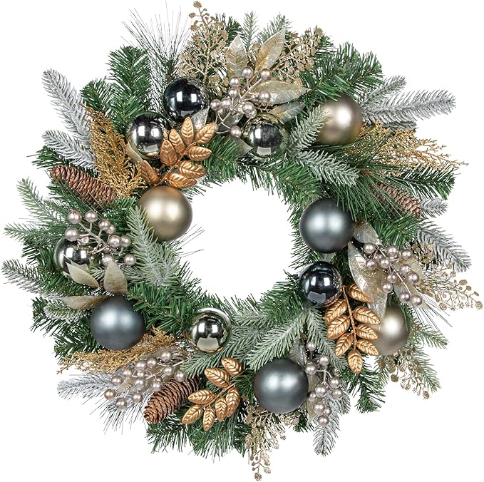 24 inch Christmas Door Wreath, Norfolk Pine Wreaths for Front Door with Silver Ball Glittered Leaf Spray Stems Pinecones Berries for Fireplace Xmas Decorations, Wall Window Indoor Outdoor Decor