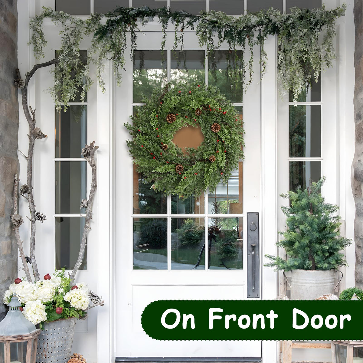 Waipfaru 24 Inch Christmas Wreaths for Front Door, Real Touch Cedar Wreath, Artificial Green Pine Reef for Front Door Windows Indoor Outdoor Holiday Xmas Decoration