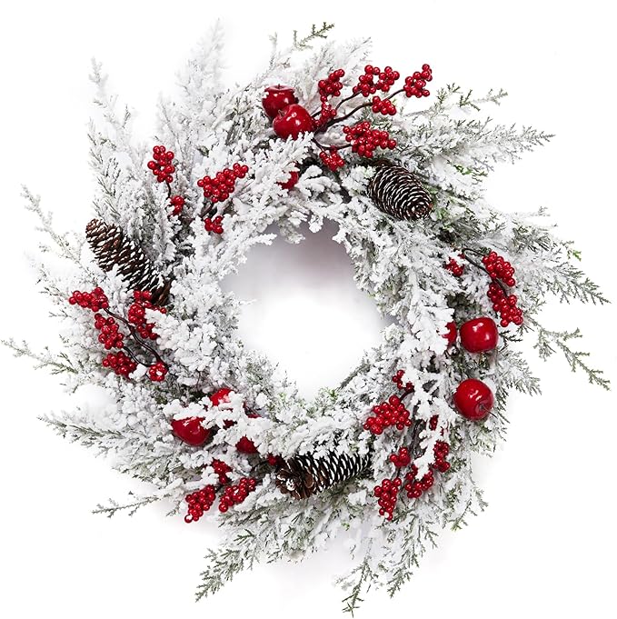 Christmas Wreath, 18 Inch Snow Flocked White Winter Wreath with Pine Cones Berries Apples for Front Door Fireplace Table Centerpiece Holiday Home Indoor Outdoor Decoration