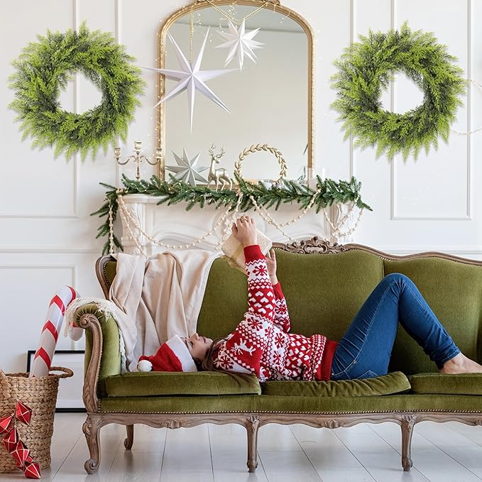 Real Touch Artificial Cedar Wreath 24" Fake Christmas Wreaths for Front Door Faux Pine Greenery Wreaths for Home,Window,Table,Mantle,Wall,Indoor,Outdoor Xmas Decorations