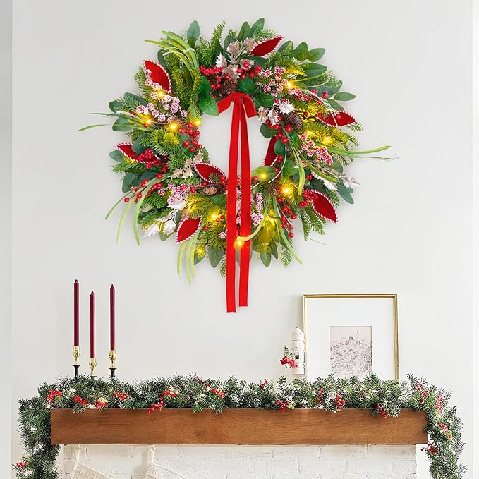 Christmas Wreath with Lights,Outdoor Pre-lit Christmas Wreaths for Front Door-24 Inch Xmas Door Wreath with Pine Needles Pine Cones and Red Berries- Farmhouse Home Christmas Decorations