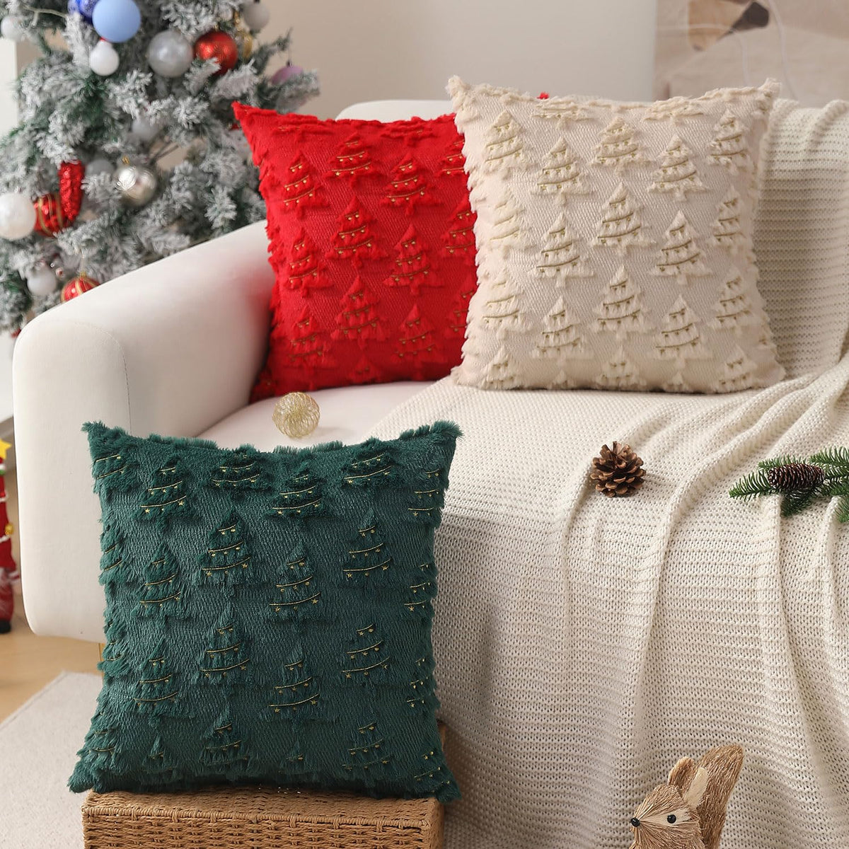 Allorry Christmas Pillow Covers 18x18 inch Set of 2 Soft Plush Faux Fur Christmas Decor Beige Xmax Tree Yellow Colored Lights Decoration Throw Pillow Case for Winter Holiday Sofa Living Room PT003C18