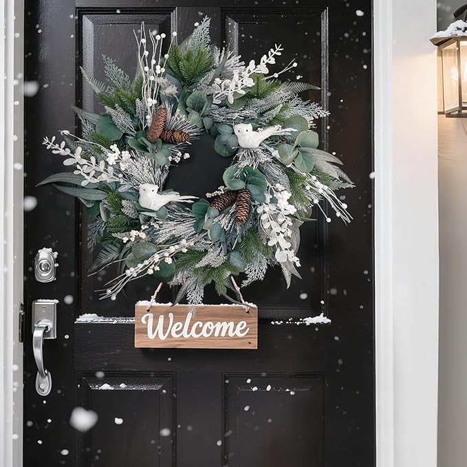 Winter Wreaths for Front Door Outside- 24 Inch Outdoor Christmas Wreath with White Owl,Pine Cones,Cedar and White Berries,Artificial Snowy Winter Decorations for Home Farmhouse Door Decor