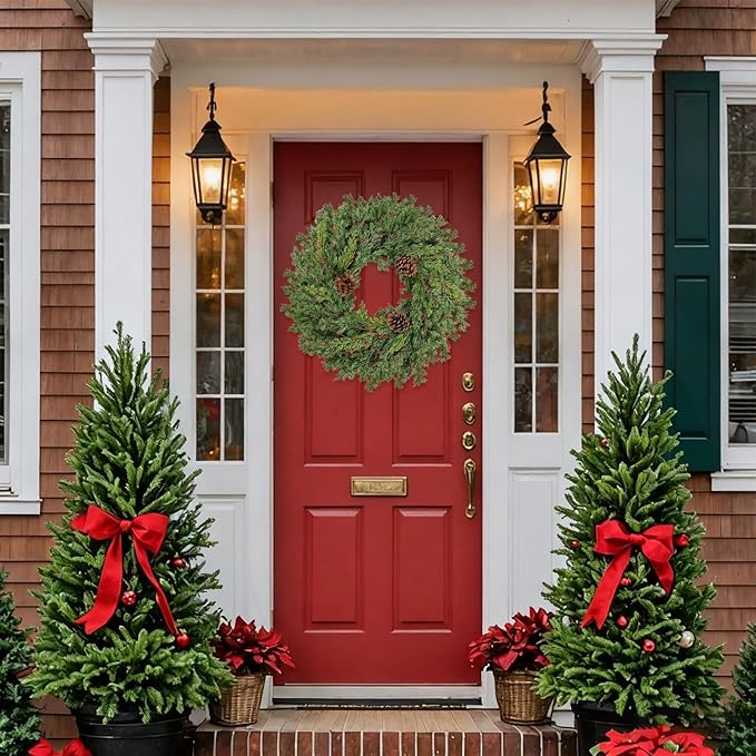 2PC Real Touch Pine Christmas Wreath 24 Inch Christmas Wreaths for Front Door Winter Wreath Artificial Green Wreaths Outdoor Christmas Decorations Indoor Outside Window Home Holiday Thanksgiving