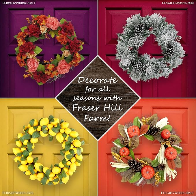Fraser Hill Farm 24" Christmas Snow Flocked Wreath Door Hanging with Oversized Pinecones, Festive Christmas Holiday Decorations