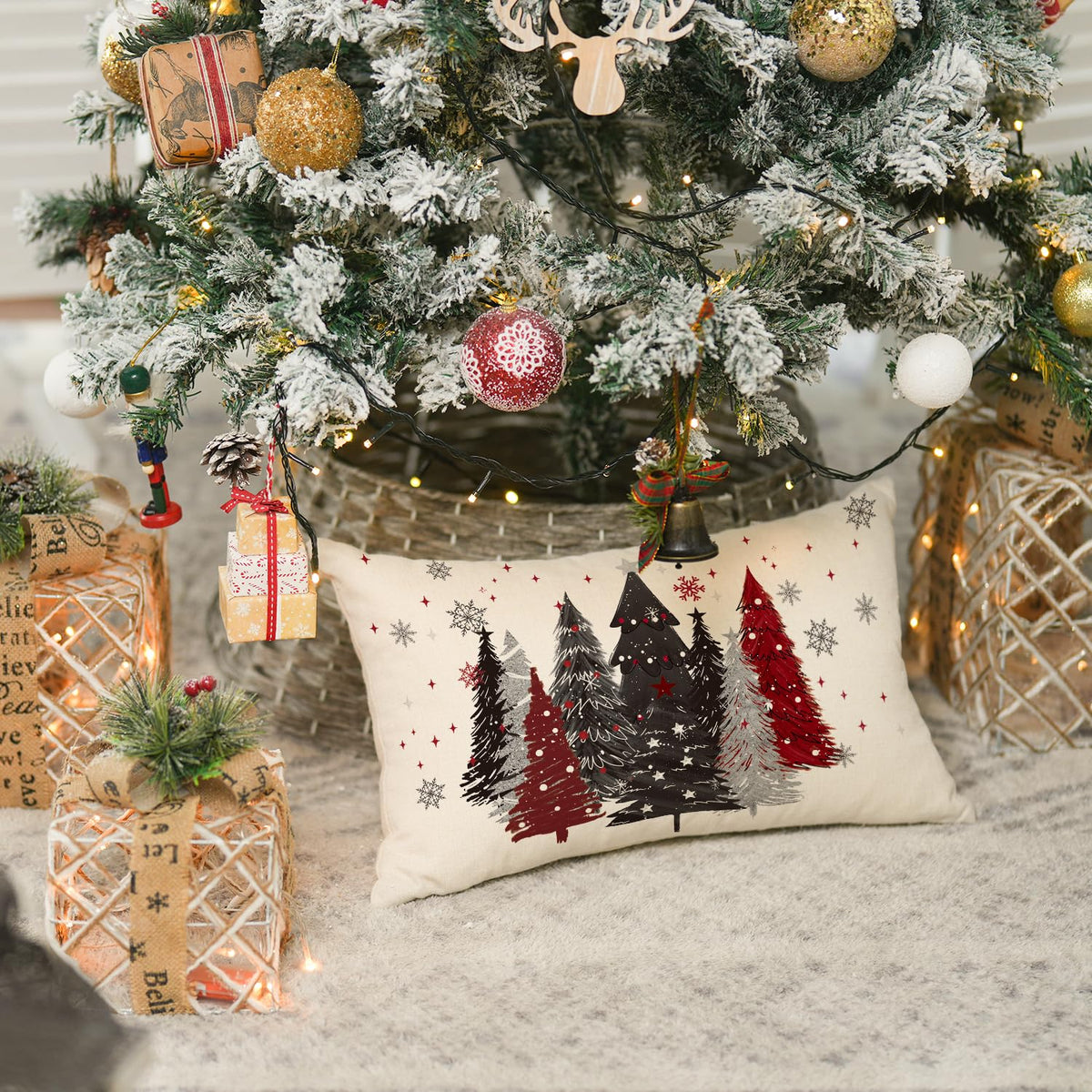 AVOIN colorlife Red and Black Merry Christmas Trees Snowflake Throw Pillow Cover, 12 x 20 Inch Seasonal Winter Holiday Cushion Case Decoration for Sofa Couch