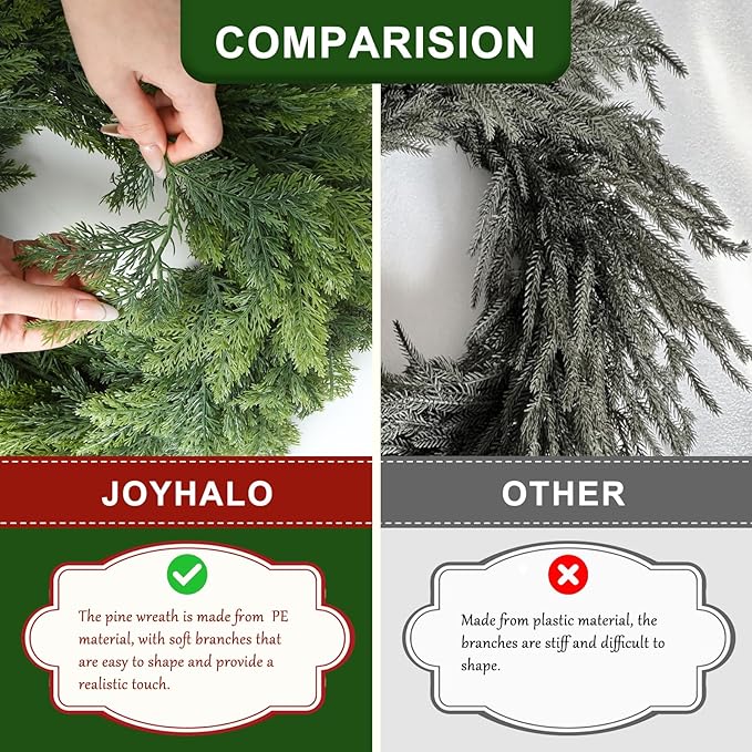 Joyhalo 26" Realistic Christmas Cedar Wreaths for Front Door, Real Touch Norfolk Pine Wreath Artificial Everygreen Wreath for Walls, Porches, Farmhouse Outdoor Christmas Decor