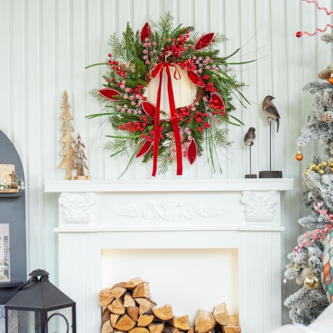 Christmas Wreath with Lights,Outdoor Pre-lit Christmas Wreaths for Front Door-24 Inch Xmas Door Wreath with Pine Needles Pine Cones and Red Berries- Farmhouse Home Christmas Decorations