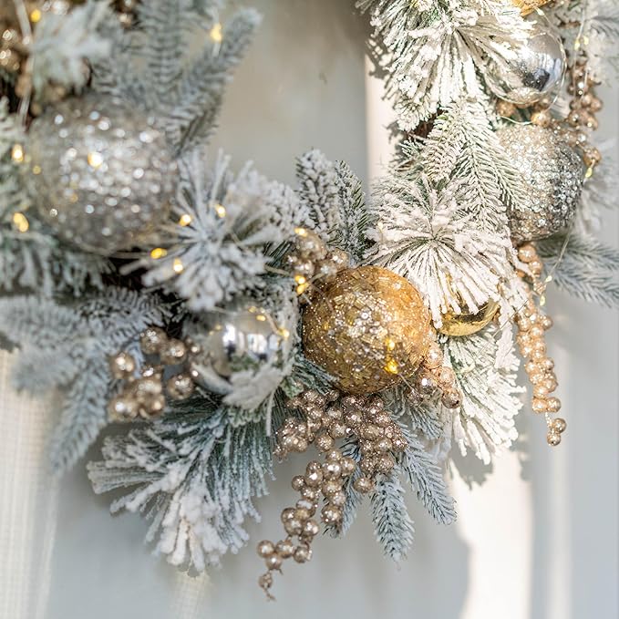 YULETIME 24" Christmas Wreath, Artificial Holiday Wreath with Baubles, Berries, Leaves, Spruce Branches, Snowy Pine Needles (Gold Bauble)