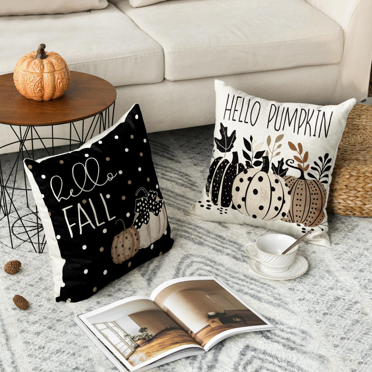 AVOIN colorlife Fall Hello Pumpkin Leaves Throw Pillow Covers, 20 x 20 Inch Autumn Thanksgiving Harvest Polka Dot Black Decorations for Sofa Couch Set of 4