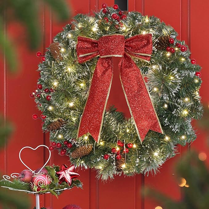 DiliComing 16-Inch Pre-Lit Winter Wreath - Large Christmas Door Wreath, Front Door & Window Decorations