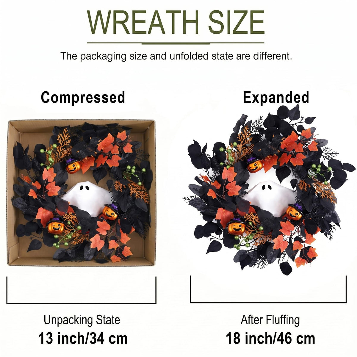 DecorbyHannah Voice Control Halloween Wreath with Lights for Front Door, 18 Inch Pre-Lit Ghost Jack-o'-Lantern Pumpkins Wreath Halloween Spooky Decorations for Home Porch Wall Indoor Outdoor Decor