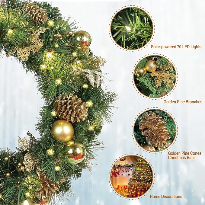 Solar Christmas Wreath 30 Inches Pre-Lit Solar 70 Led Artificial Wreath for Front Door Window Outdoor Decorations with Golden Pine Cones Christmas Balls Glitter Pine Branches(3002)