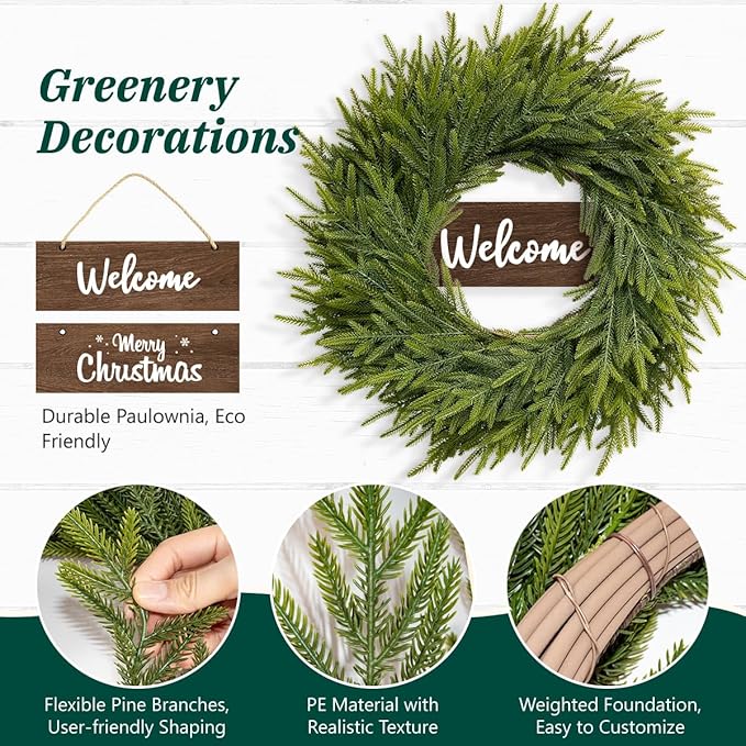 24 Inch Real Touch Christmas Wreath for Front Door, Norfolk Pine Wreath with Welcome Sign, Large Artificial Green Wreath Home Indoor, Porch, Fireplace, Wall, Windows, Outdoor Decor