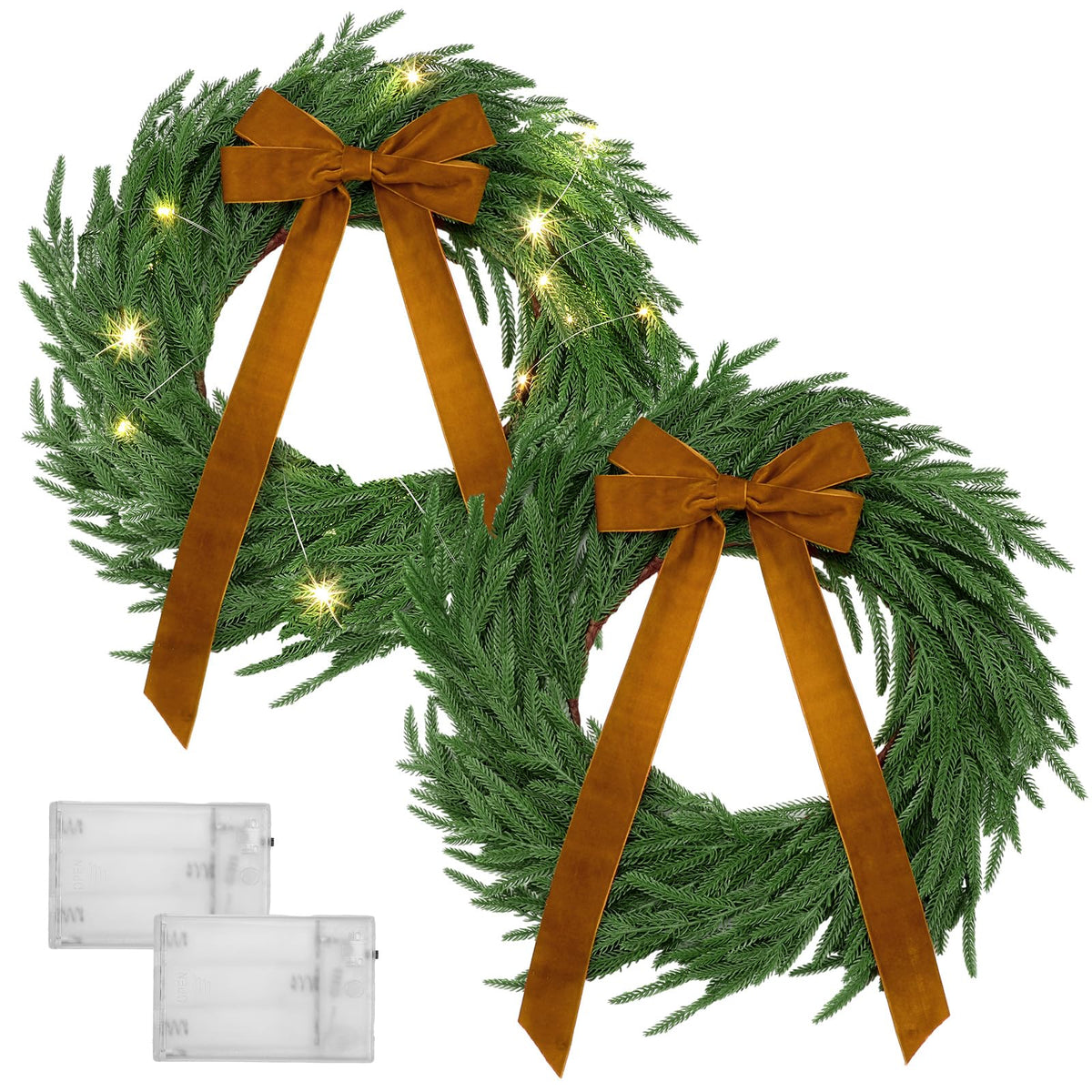 Daifunli 2 Pack 20 Inch Light up Christmas Norfolk Pine Wreaths with Khaki Bows Artificial Realistic Green Wreath with Pre-lit LED for Front Door Wall Mantle Outdoor Xmas Windows Porch Decor