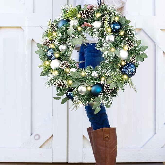 WANNA-CUL Pre-Lit 30 Inch Large Christmas Wreath for Front Door with 50 Led Lights, Silver Blue Lighted Christmas Door Wreath Decor with Ball Ornaments,Pine Cones, Battery Operated