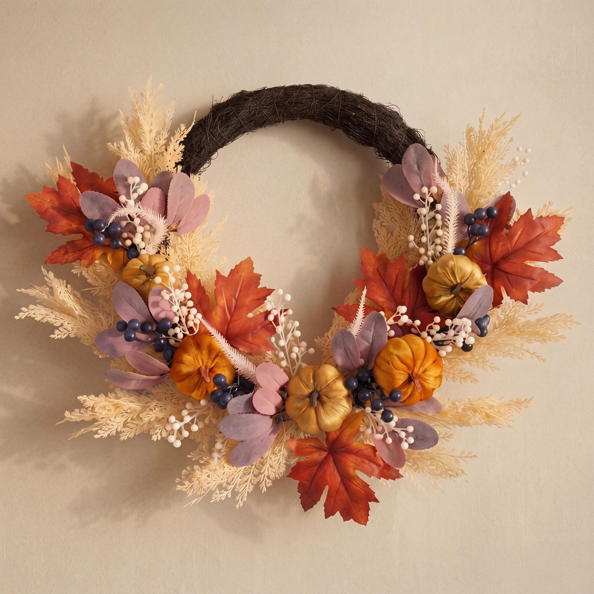 Valery Madelyn 24" Collapsible Pumpkin Wreaths for Front Door,Fall Wreath with LED Lights Artificial Maple Leaves Pampas Grass for Autumn Decor,Harvest Decorations for Home Wall Thanksgiving Decor
