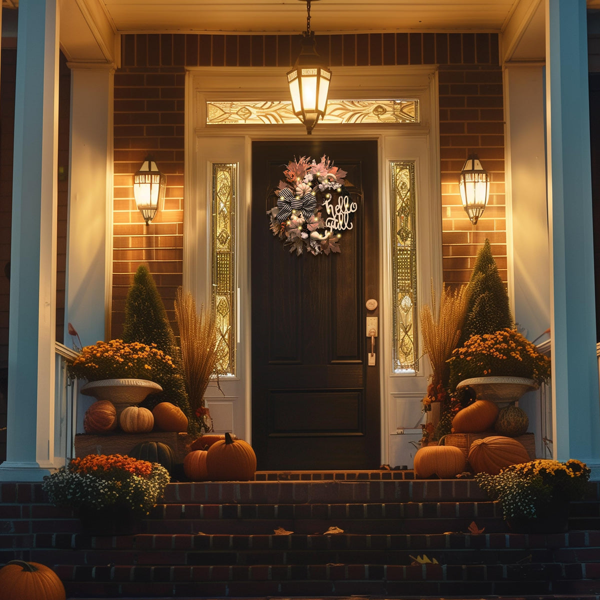 Valery Madelyn 22'' Collapsible Fall Wreaths for Front Door, Neutral Autumn Door Wreath with Lights Pumpkins Bow Outdoor Fall Halloween Decorations for Home Porch Thanksgiving Harvest Outdoor Decor