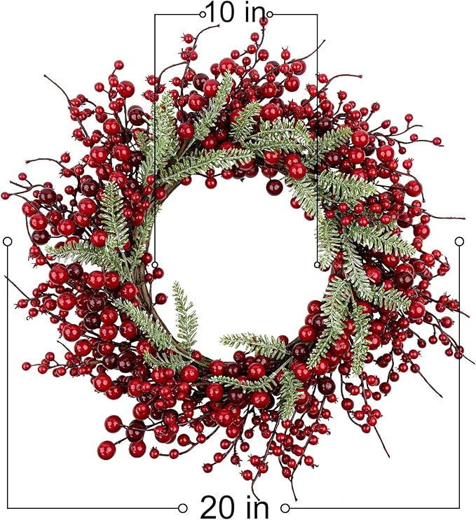 20 Inches Red Christmas Wreath Farmhouse Christmas Wreaths for Front Door Classic Winter Holiday Wreath with Red Berry Fir Pine Needle for Doors Window Indoors Porches Outside