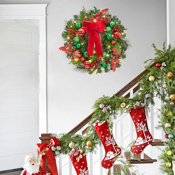 Christmas Wreath for Front Door, 22 Inch Large Outdoor Christmas Wreath, Lighted Xmas Wreath with Red Green Ball Ornaments Velvet Bow and 30 LED Lights for Fireplace Window Holiday Decor