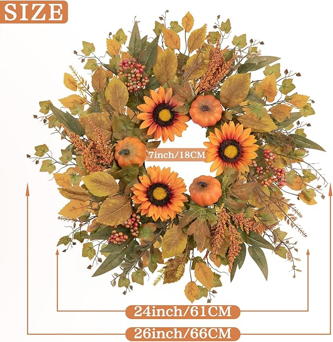 Fall Wreaths for Front Door 24 Inch Thanksgiving Autumn Wreath with Artificial Pumpkin Eucalyptus Sunflower Leaves Harvest Halloween Decorations Porch Farmhouse Outdoor Indoor Home Hanging Decor