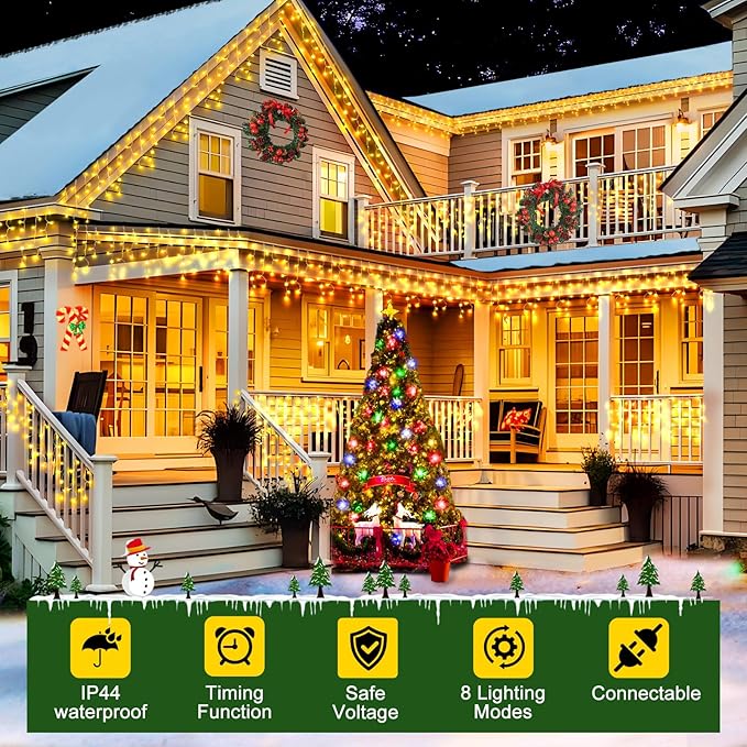 SAUIRS 2Pack 320 LED Christmas Lights Outdoor Decorations with 120 Drops Timer 8Mode 66FT Curtaing Lights Waterproof Plug in Fairy Lights for Indoor,Xmas,Party,Patio,Window,Trees Decor(Warm White)