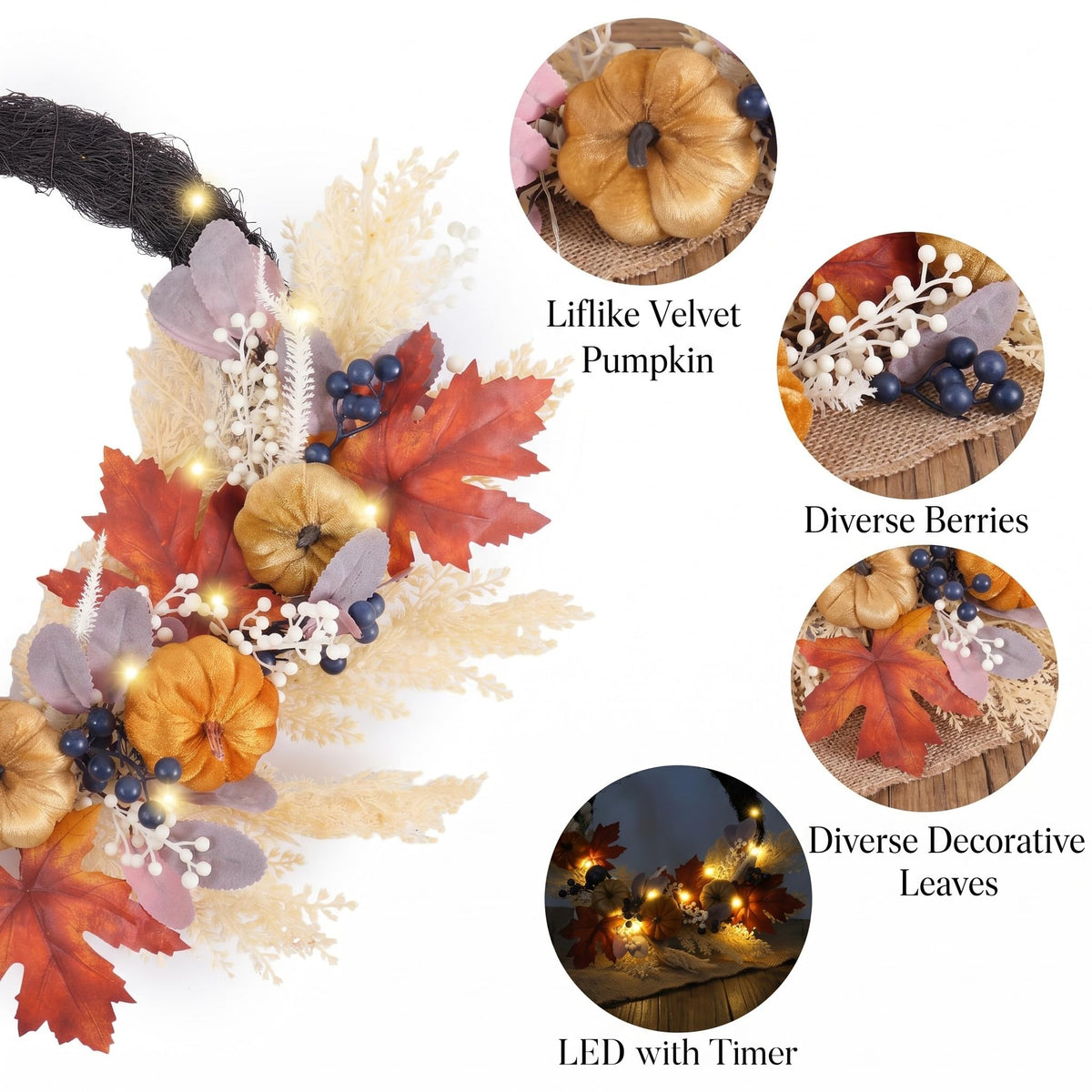 Valery Madelyn 24" Collapsible Pumpkin Wreaths for Front Door,Fall Wreath with LED Lights Artificial Maple Leaves Pampas Grass for Autumn Decor,Harvest Decorations for Home Wall Thanksgiving Decor