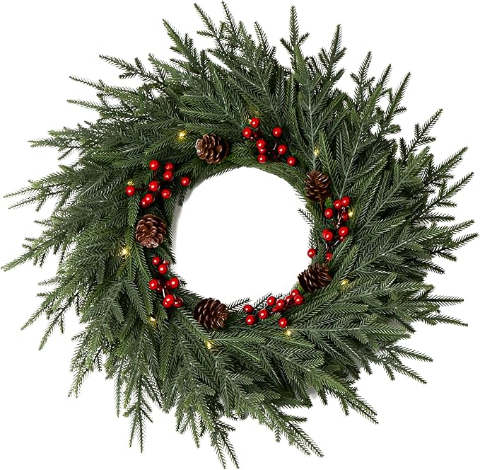 24" Artificial Christmas Wreath -Real Touch Norfolk Pine Wreath for Door,Wall,Windows,Indoor Outdoor -Christmas Wreaths for Front Door-Christmas Decorations-Holiday Decor-Free Battery LED Lights