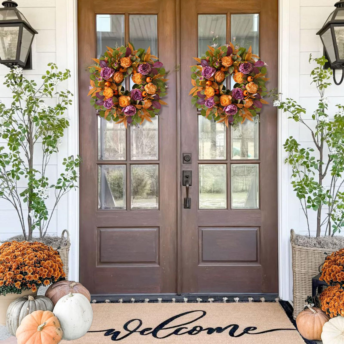 24 Inch Fall Wreath for Front Door - Autumn Wreath with Peony, Maple Leaves, Berries - Farmhouse Thanksgiving Halloween Decor for Porch, Front Door, Indoors & Outdoors - Rustic Harvest Home Decor