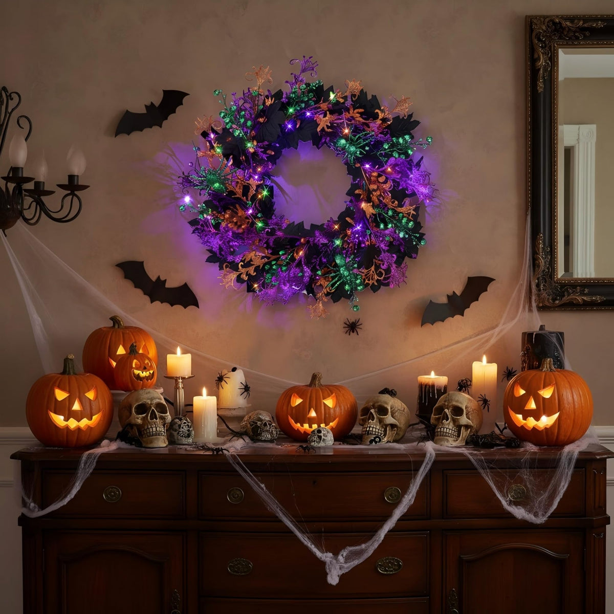 Enhon 16 Inch Halloween Wreath for Front Door with 40 LED Lights, Multicolor Halloween Door Wreath Decorations for Home Porch Table Centerpiece Window Party Holiday Wall Decor(Maple Leaf Style)