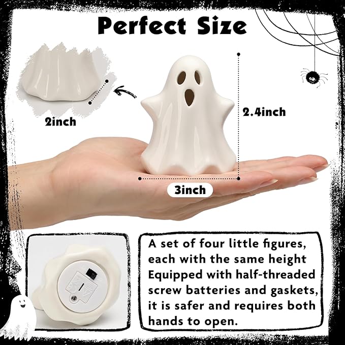4PCS Ceramic Ghost Light Up Decor, Cute Ghost Halloween Decor, Small White Ghost Figurine Timer Led Ghost Figurines for Desk Tabletop Centerpieces，Halloween Decoration Indoor
