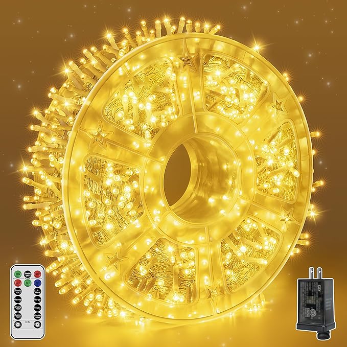 Christmas String Lights 600LED 98FT, Waterproof String Lights with Remote and Timer, 8 Modes Dimmable Christmas Lights for Indoor Outdoor Wedding Party Holiday Decorations (Warm White)
