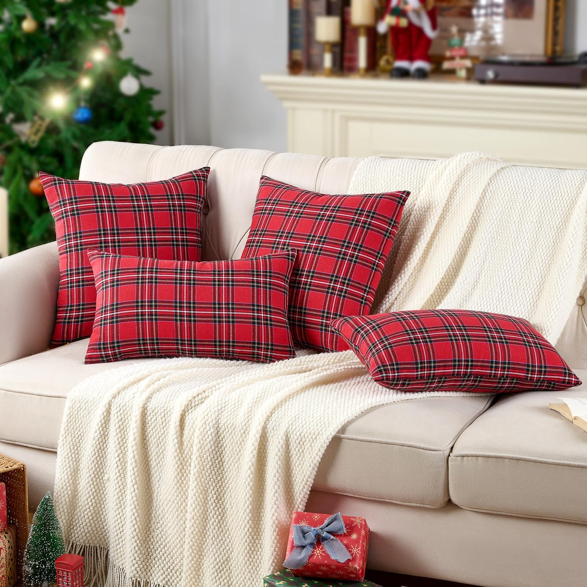 Red Tartan Plaid Christmas Decorative Throw Pillow Covers 18x18 Set of 2, Red Plaid Christmas Decor Tartan Pillows for Couch Bed & Living Room, Retro Classic Xmas Decorations for Winter Holiday