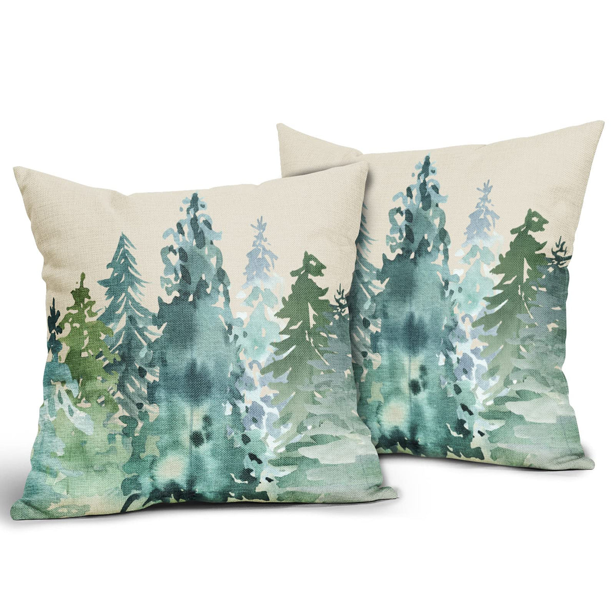 Winter Christmas Tree Pillow Covers 18x18 Set of 2 Blue Green Nature Forest Rustic Watercolor Style Print Decorative Throw Pillows Outdoor Square Linen Cushion Case Decor for Home Sofa Couch Bed