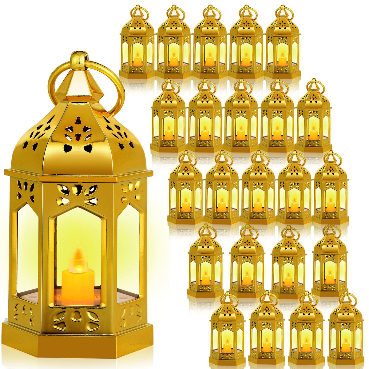 Hortsun 24 Pcs Mini Lantern Decorative with Flickering LED Candle Vintage Hanging Lanterns Battery Powered Light Wedding Diwali Halloween Christmas Centerpiece for Camping Garden Party Decor(Glitter)