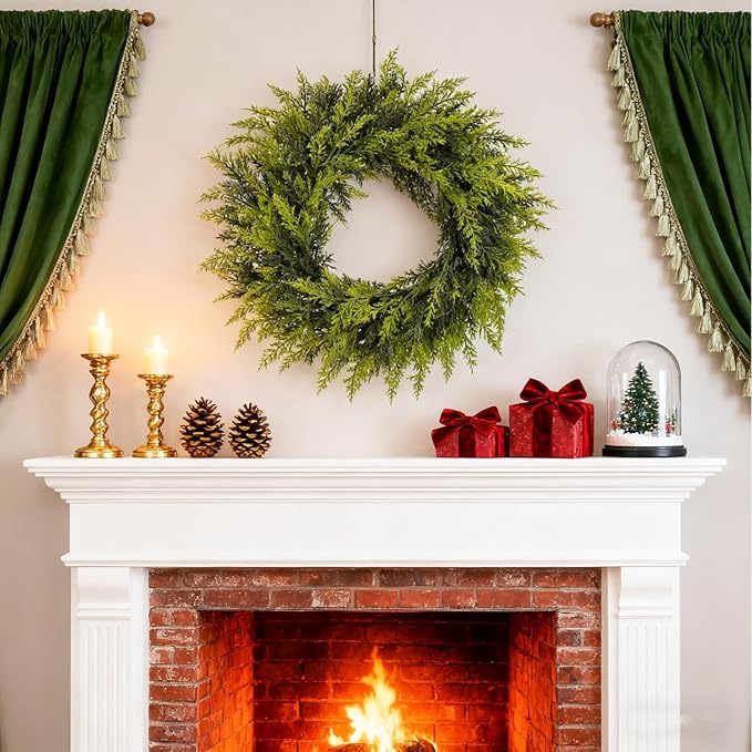 Real Touch Artificial Cedar Wreath 24" Fake Christmas Wreaths for Front Door Faux Pine Greenery Wreaths for Home,Window,Table,Mantle,Wall,Indoor,Outdoor Xmas Decorations