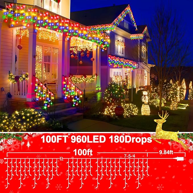 SAUIRS 100FT 960 LED Christmas Lights Outdoor Decorations with 180 Drops Timer 8Mode Curtaing String Lights Waterproof Plug in Fairy Lights for Indoor,Xmas,Party,Patio,Window,Trees Decor(Multicolor)