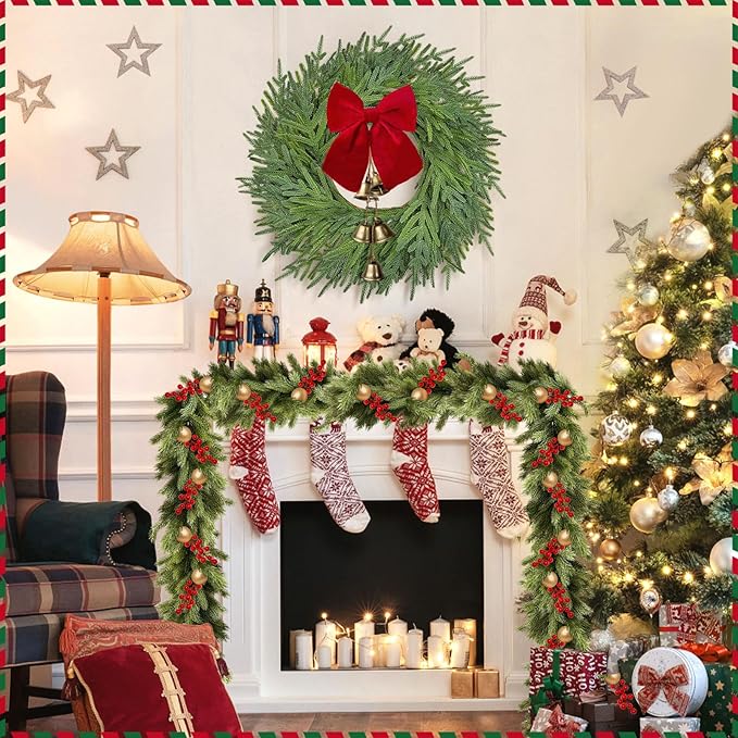 22 inch Norfolk Pine Wreath with Bow and Bell,Christmas Wreaths for Front Door,Artificial Real Touch Wreath for Door Wall Windows Mantle Outdoor Christmas Decoration