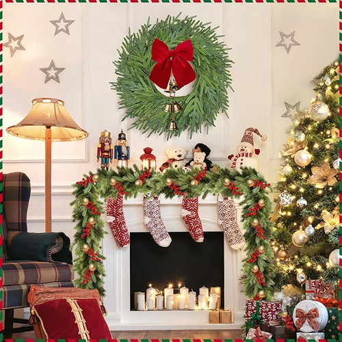 22 inch Norfolk Pine Wreath with Bow and Bell,Christmas Wreaths for Front Door,Artificial Real Touch Wreath for Door Wall Windows Mantle Outdoor Christmas Decoration