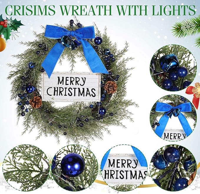 Lighted Christmas Artificial Cedar Wreath for Front Door with Hanger Christmas Wreaths Faux Norfolk with Velvet Bow LED Lights Jingle Bells Pinecone Berries Indoor Window Xmas Holiday Decor(Blue)