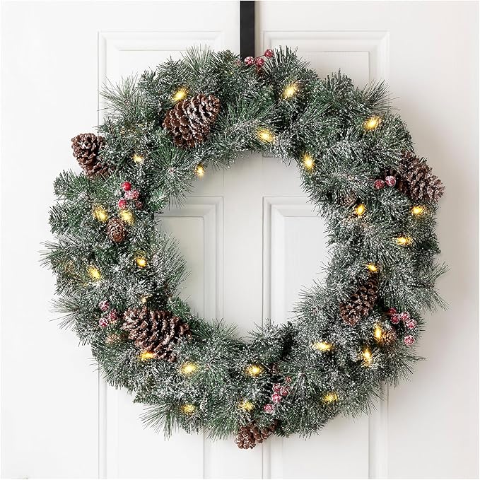Glitzhome 24" D Pre-Lit Glittered Pine Cone Christmas Wreath with Warm White LED Lights and Timer for Front Door Wall Window Party Decor