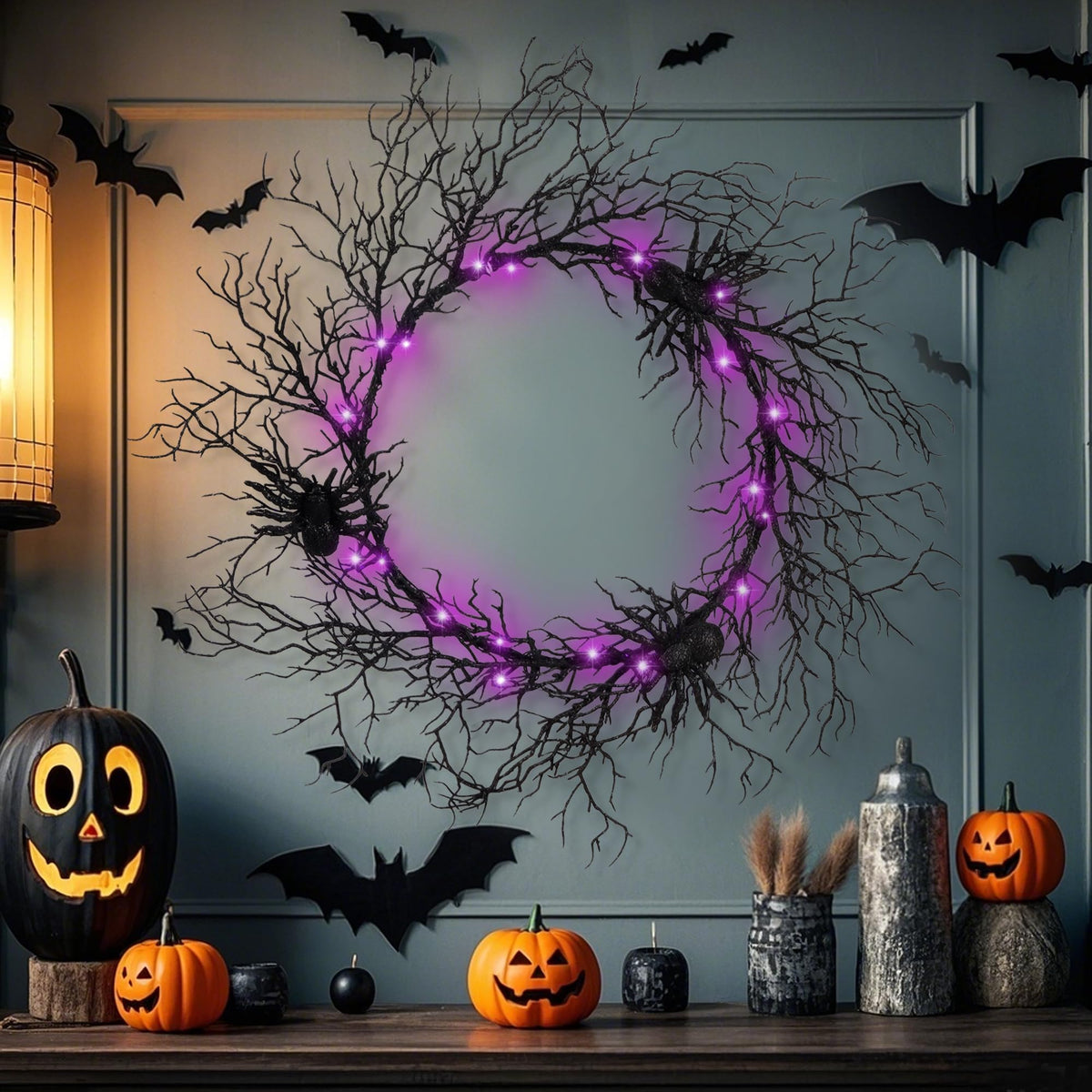 Adroiteet 24 Inch Halloween Wreath for Front Door - Lighted Black Spider Wreath with Purple LED Lights, Outdoor/Indoor Spooky Decorations for Halloween Party, Porch, Holiday Home Decor
